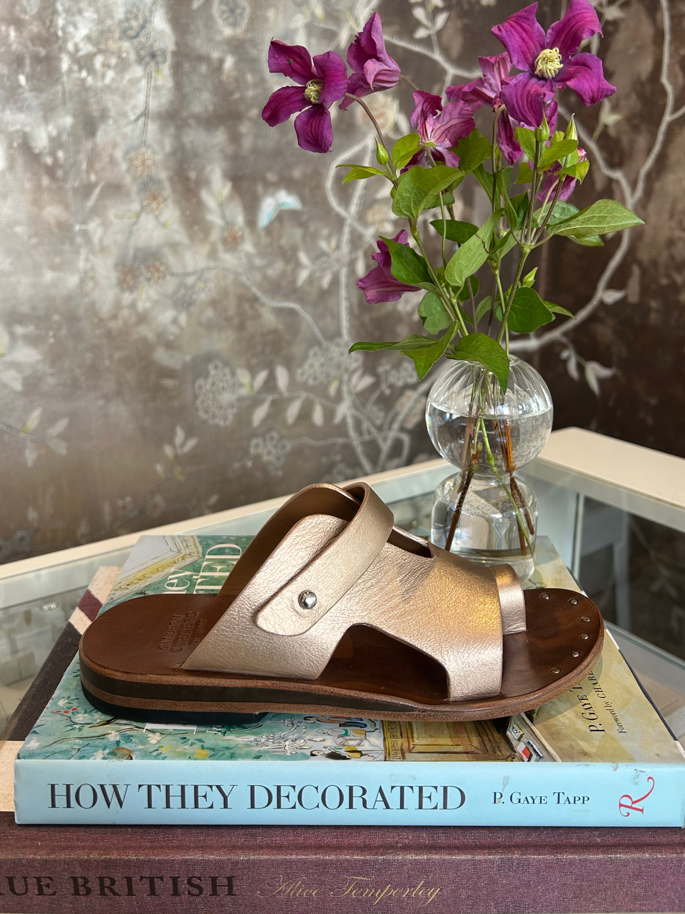 CALLEEN CORDERO | PAPI SANDAL | Rose-gold colored sandals | Hand crafted | Toe strap | Wide foot coverage | Hand-molded sole with arch support | Rubber heel for easy walking | Available in Charlotte, NC