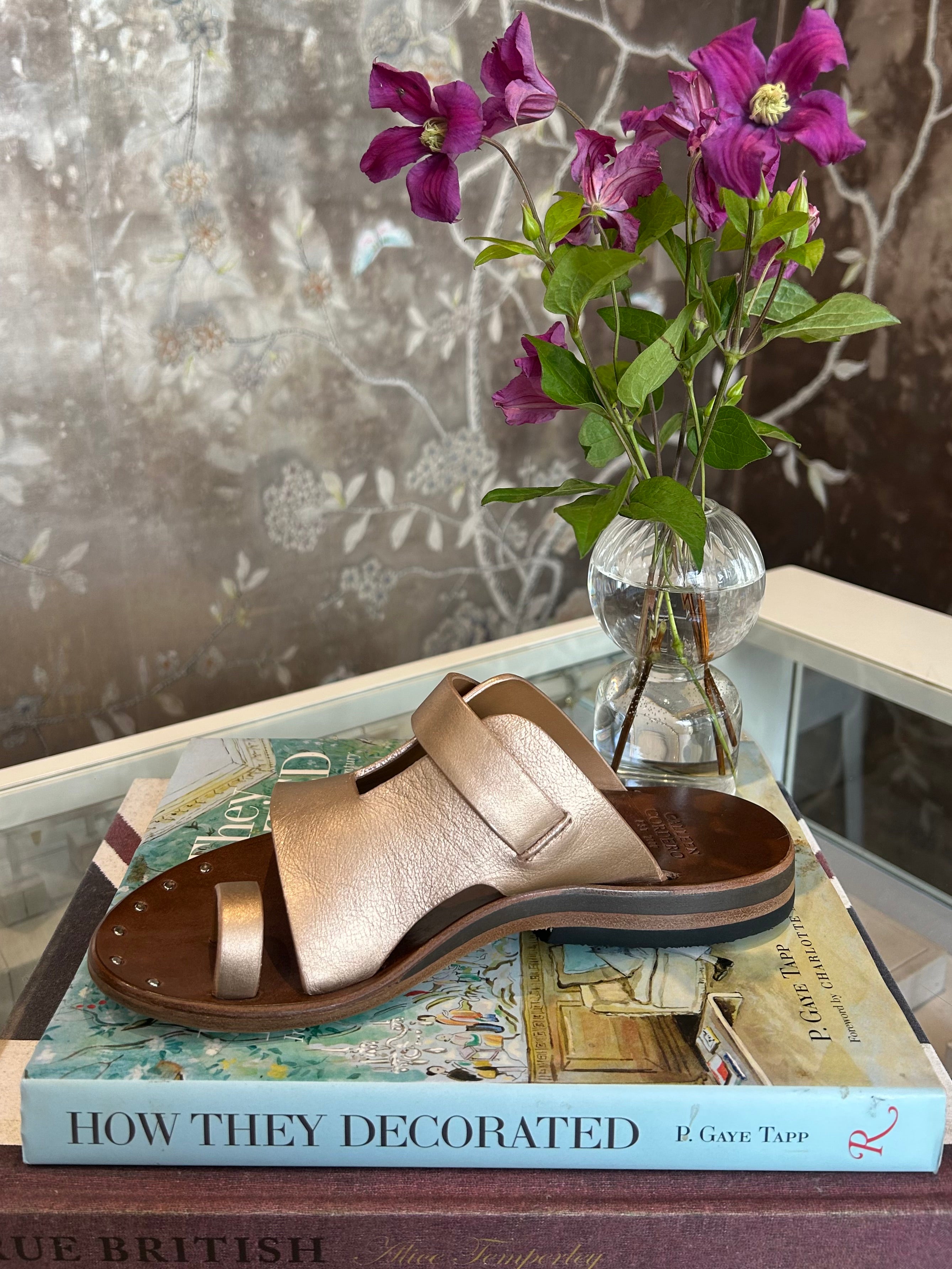 CALLEEN CORDERO | PAPI SANDAL | Rose-gold colored sandals | Hand crafted | Toe strap | Wide foot coverage | Hand-molded sole with arch support | Rubber heel for easy walking | Available in Charlotte, NC
