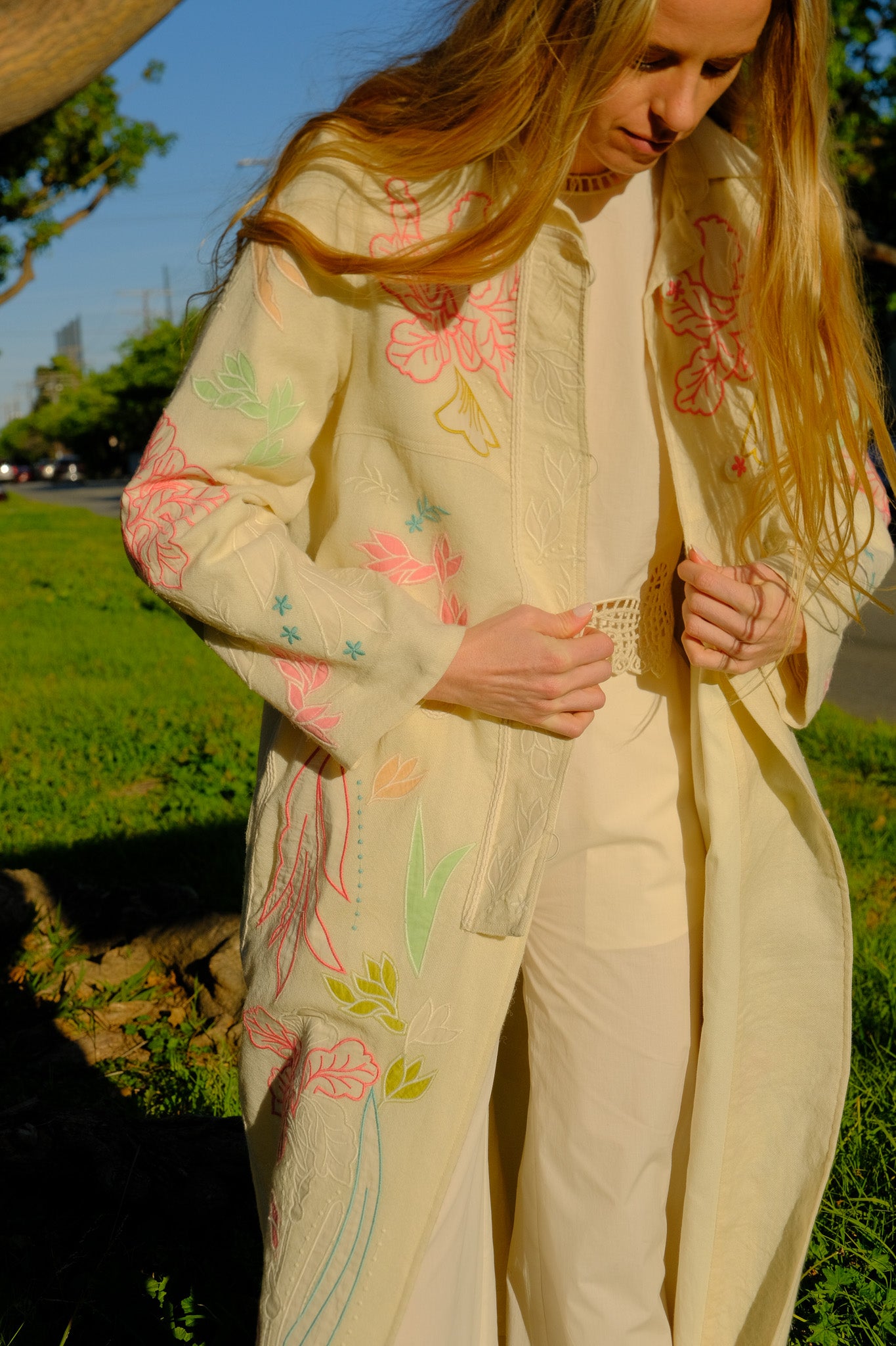 FORTE FORTE | IRIS VELVET COAT | Embroidered tweed coat | Full length coat | Back center split | Loose fit | Loop and button closure | Charlotte, NC