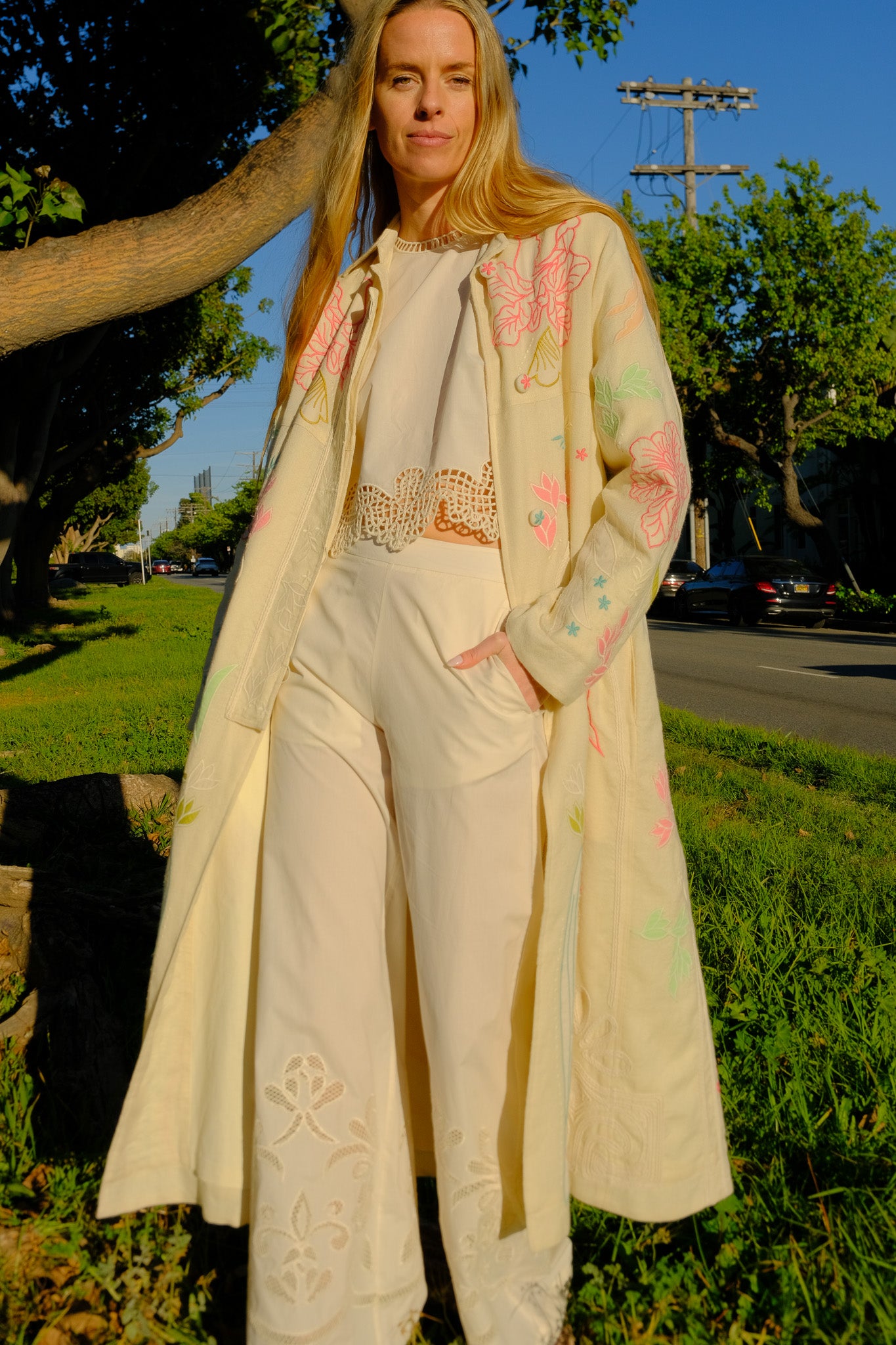 FORTE FORTE | IRIS VELVET COAT | Embroidered tweed coat | Full length coat | Back center split | Loose fit | Loop and button closure | Charlotte, NC