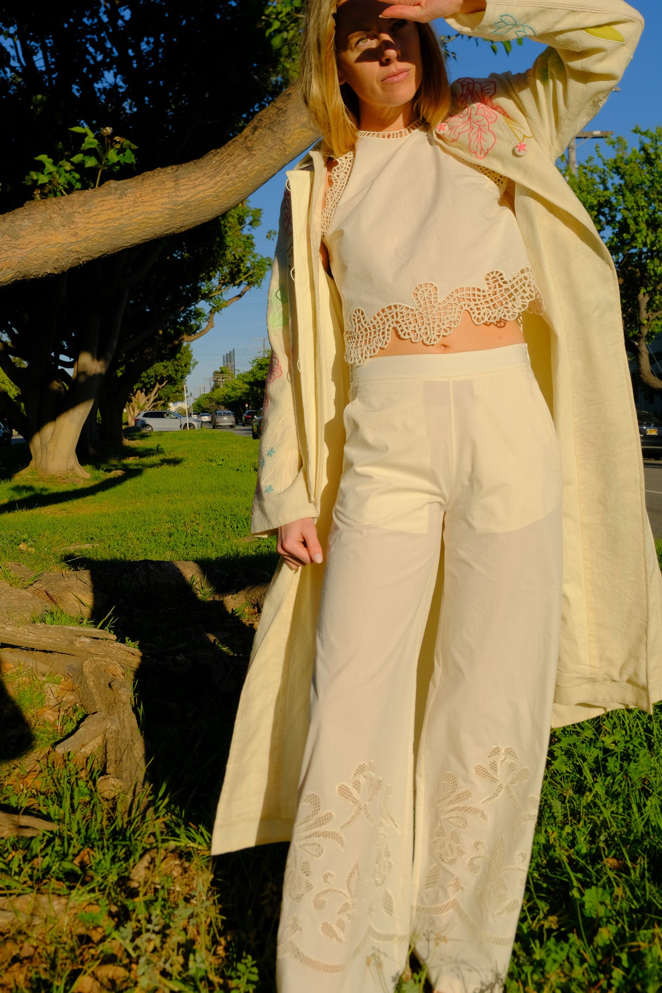 FORTE FORTE | LUNAMARIS TOP | Embroidered designs along sleeves, neckline, hem | Keyhole back with button for easy pull-on | Composition: 100% cotton, embroidery 70% cotton, 20% polyester, 10% polyamide | Care: Gentle hand wash or dry clean | Made in India | Available in Charlotte, NC