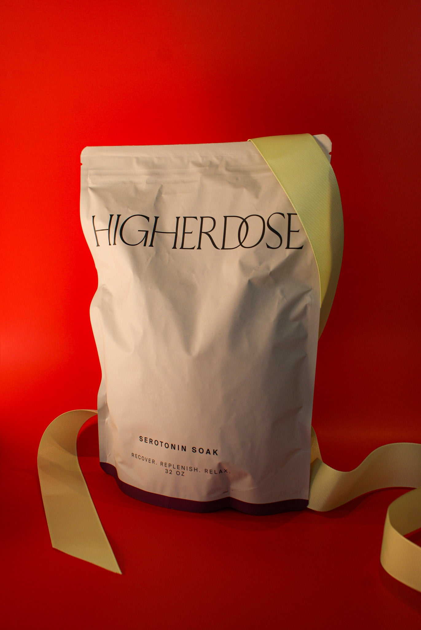 HIGHER DOSE | SERATONIN BATH SOAK & SALTS, white back on a red background, Charlotte, NC