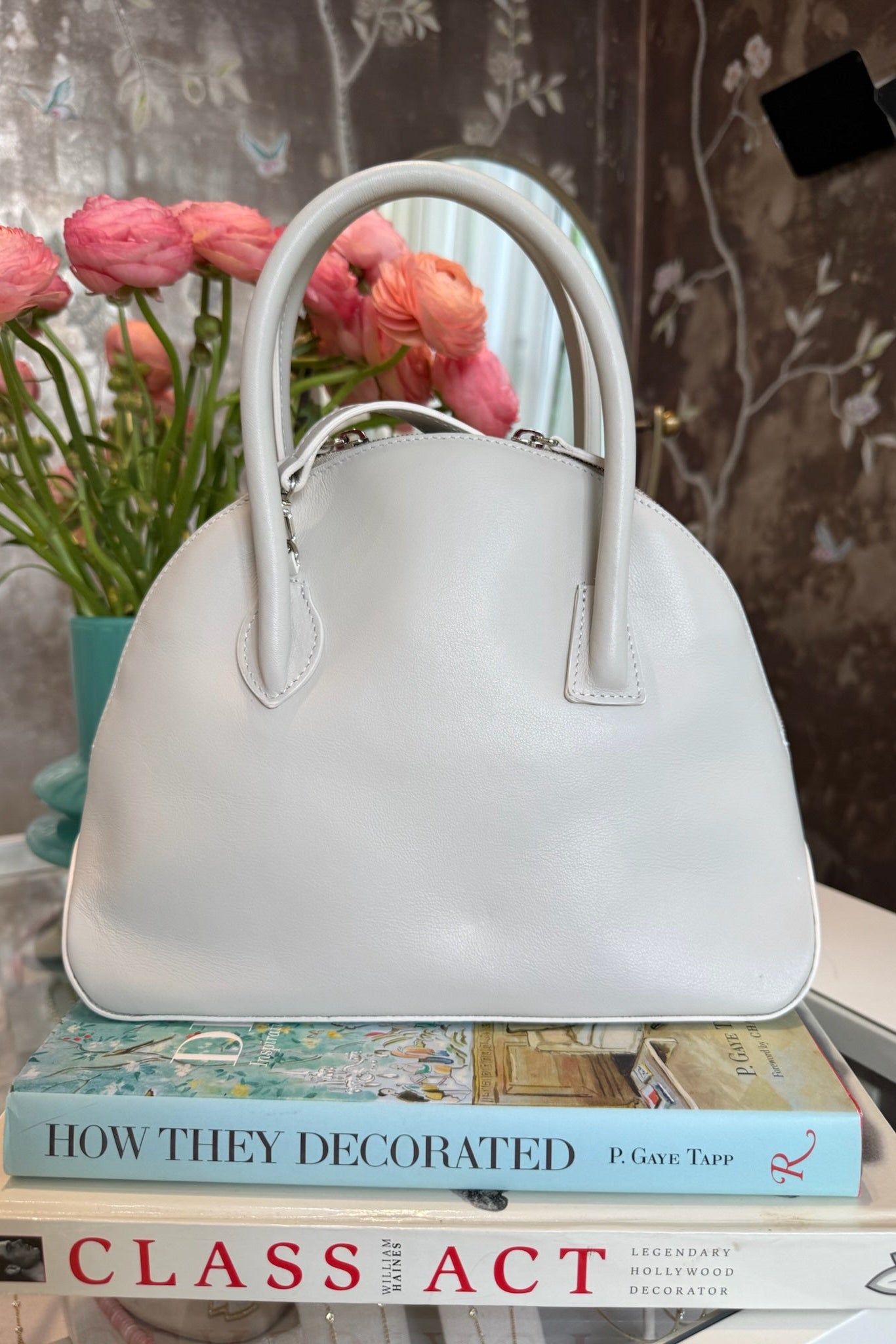 Lifner Vintage Dome Satchel Leather Handbag in white. Charlotte. NC
