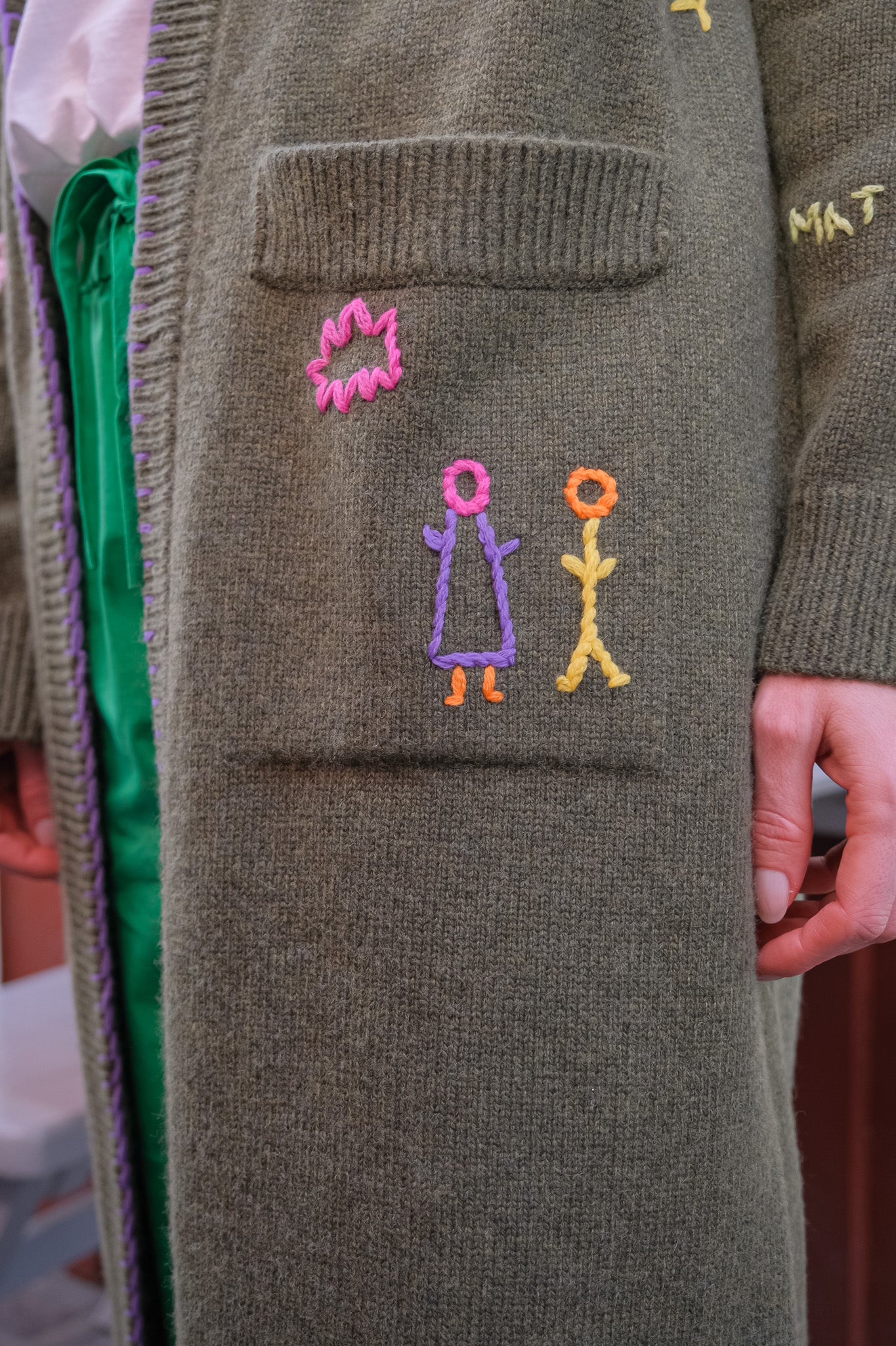 MIRA MIKATI | LONG DOODLE CARDIGAN | Long knit cardigan | Open front | Hooded | Front patch pockets | Multi-colored doodle embroidery throughout | Composition: 55% RWS wool, 25% recycled polyamide, 20% organic cotton |
Care: Gentle hand wash or dry clean | Made in China | Charlotte, NC