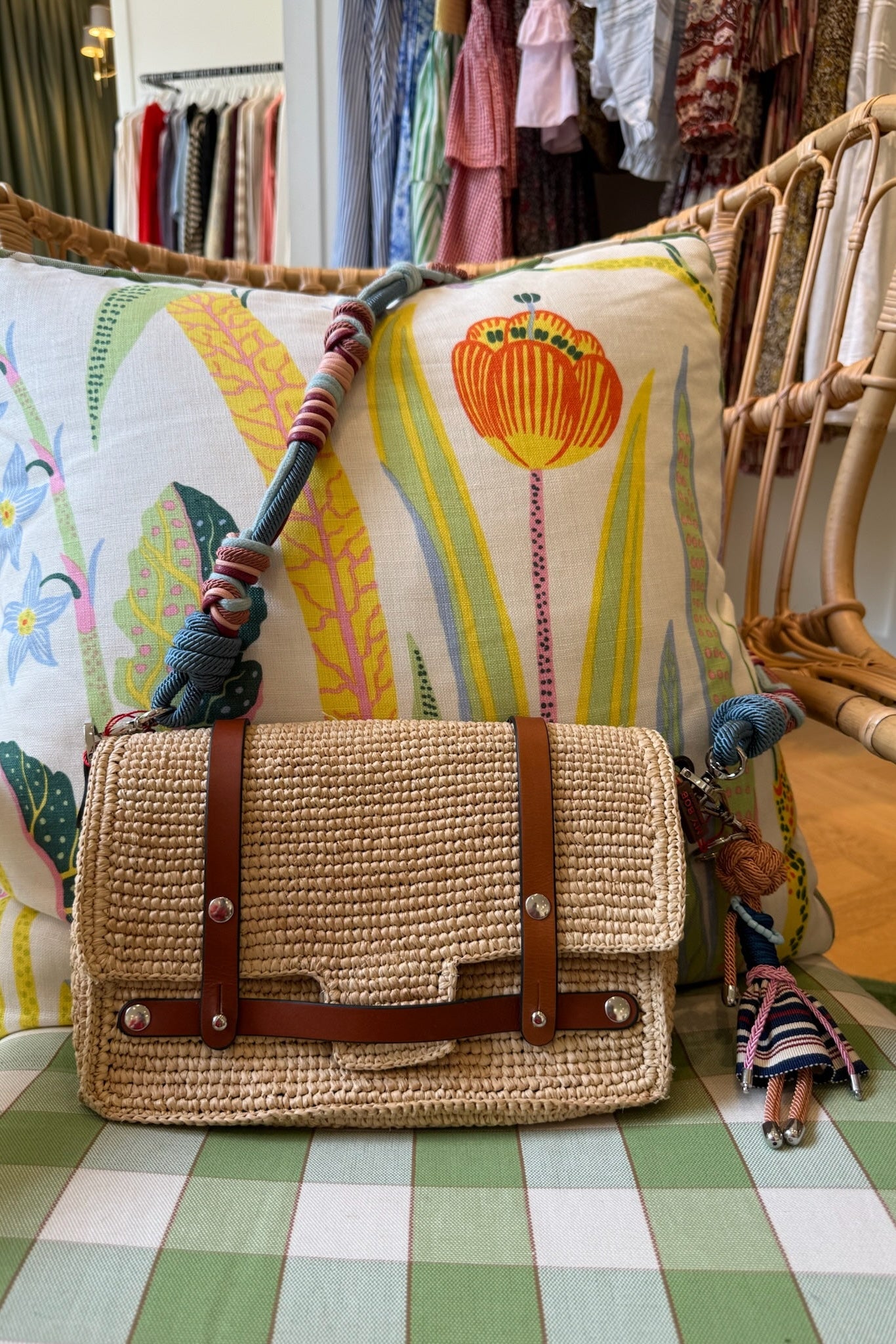 MY BOB | BIHAN BAG | Light brown straw woven texture with brown leather detail, Charlotte, NC