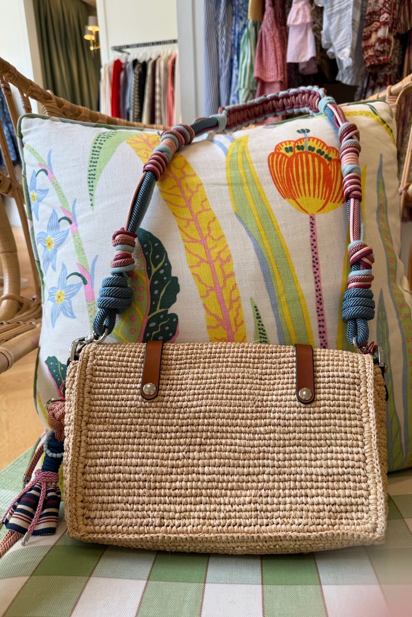 MY BOB | BIHAN BAG | Light brown straw woven texture with brown leather detail, Charlotte, NC