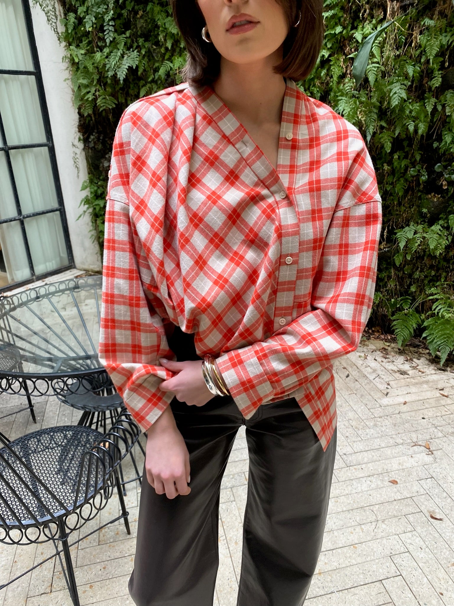 Rachel Comey asymmetrical red/white checkered button down blouse. Charlotte, NC