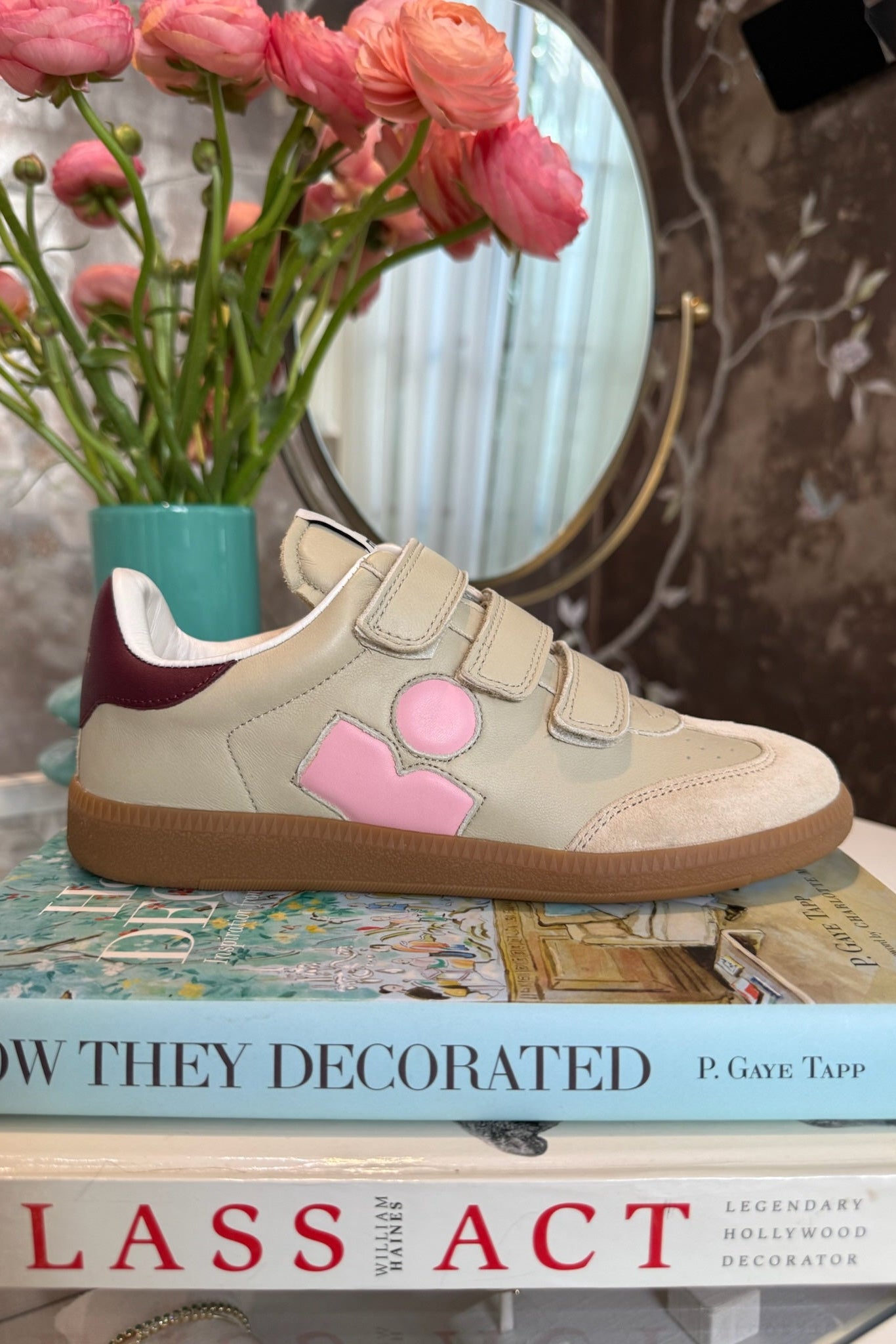 Étoile Beth Tennis Shoe in beige and pink with velcro straps. Charlotte, NC