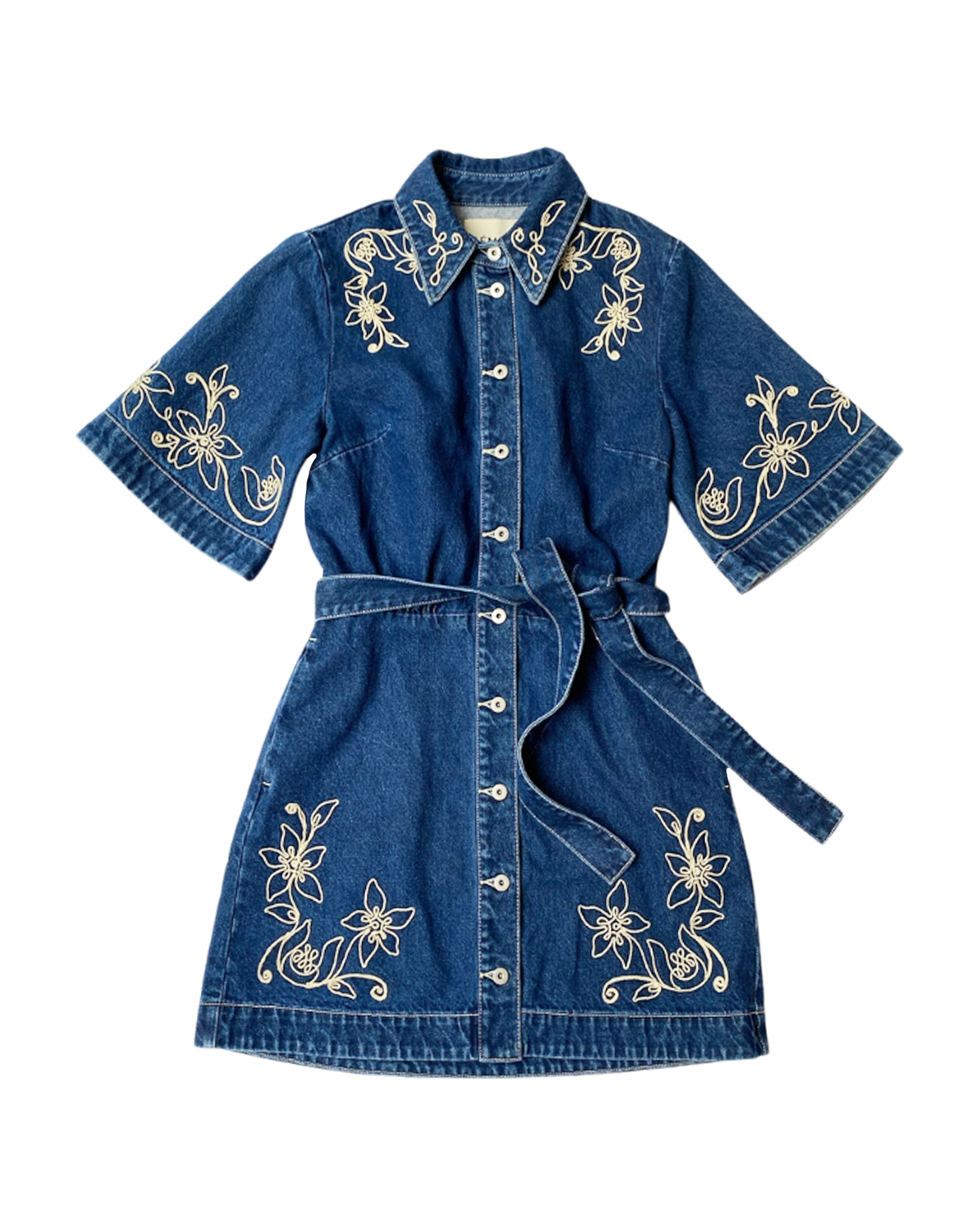 ALEMAIS | EMBROIDERED DENIM CARMEN MINI DRESS