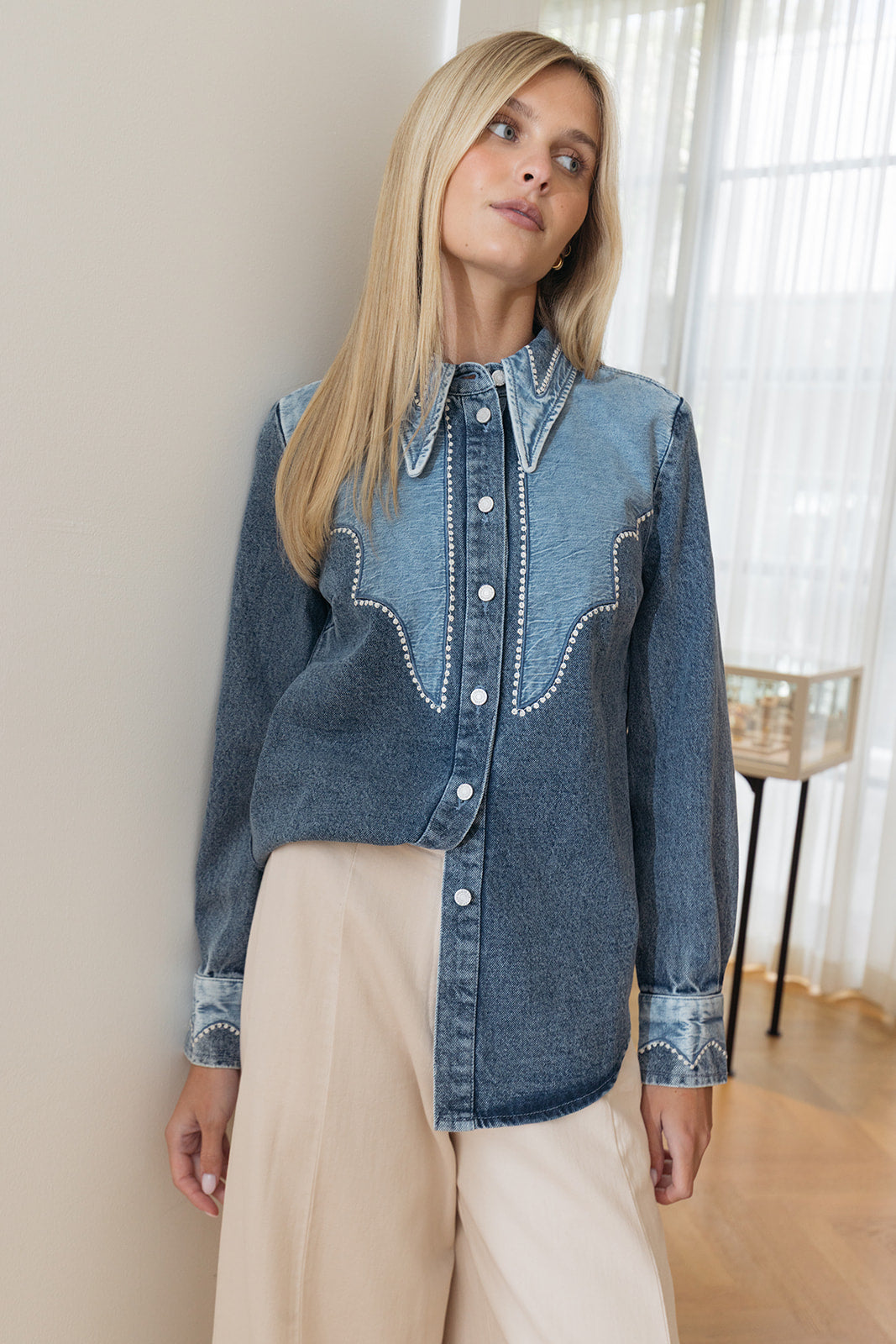 ALEMAIS | JESSE DENIM APPLIQUE SHIRT | WOMEN'S LUXURY DESIGNER CLOTHING, SHOES, HANDBAGS & JEWELRY | POOLESHOP CHARLOTTE, NC