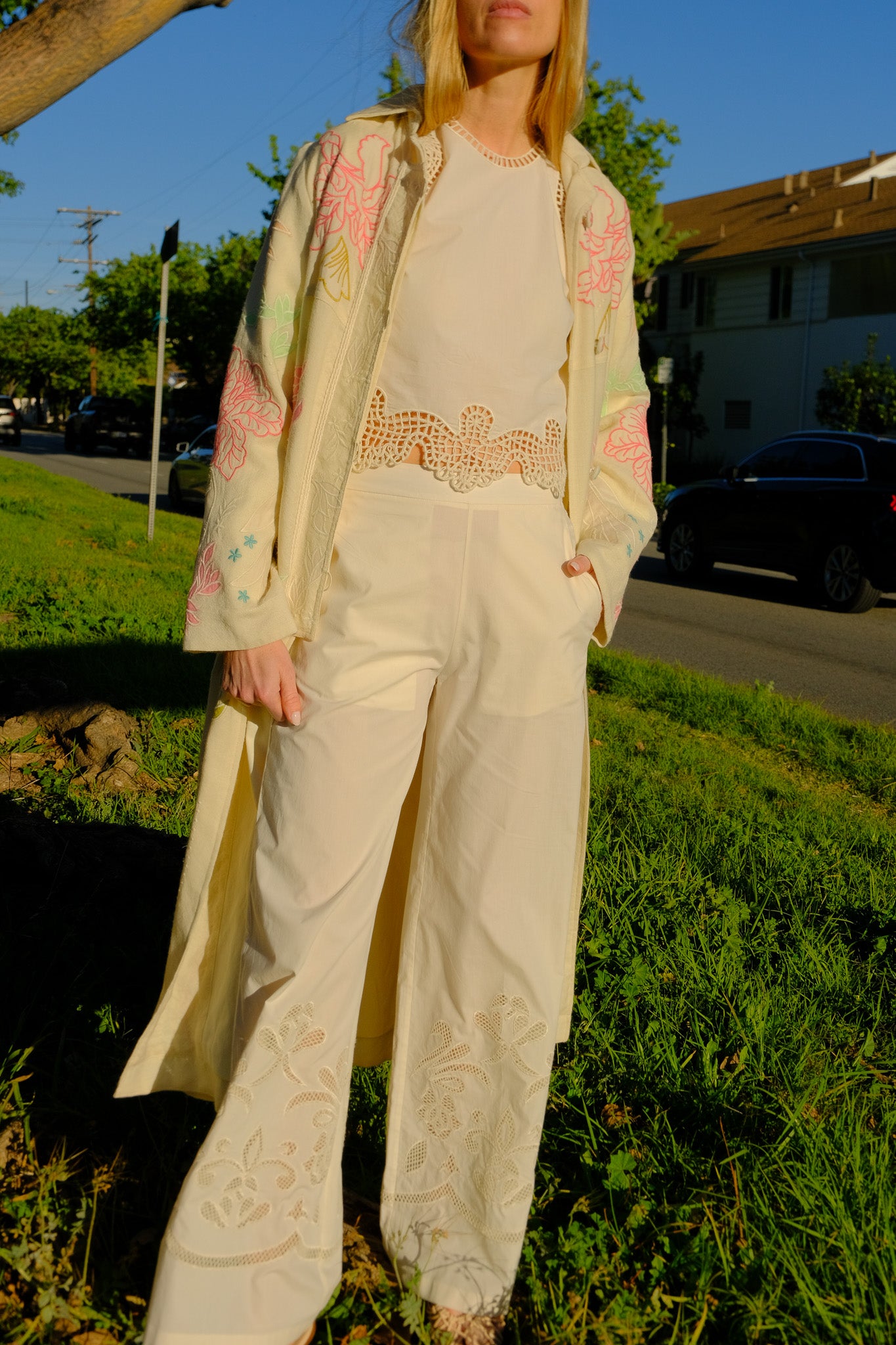 FORTE FORTE | COTTON POPLIN LUNAMARIS PANT | cropped poplin trousers | Slightly flared | 'Lunamaris' embroidery along pant legs | Flat banded front waistband, elasticated back |  Mid-rise | Front pockets Composition: 100% cotton | Care: Hand wash or dry clean | Available in Charlotte, NC