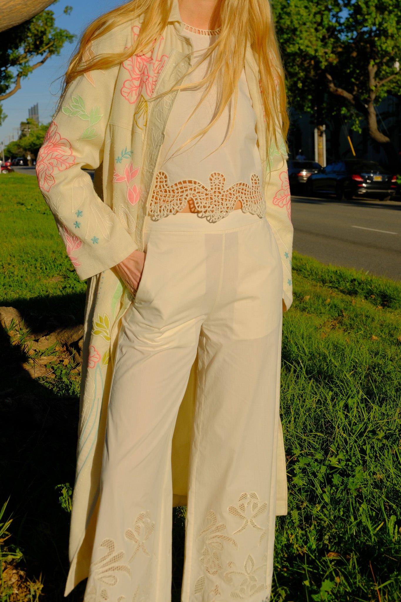 FORTE FORTE | COTTON POPLIN LUNAMARIS PANT | cropped poplin trousers | Slightly flared | 'Lunamaris' embroidery along pant legs | Flat banded front waistband, elasticated back |  Mid-rise | Front pockets Composition: 100% cotton | Care: Hand wash or dry clean | Available in Charlotte, NC