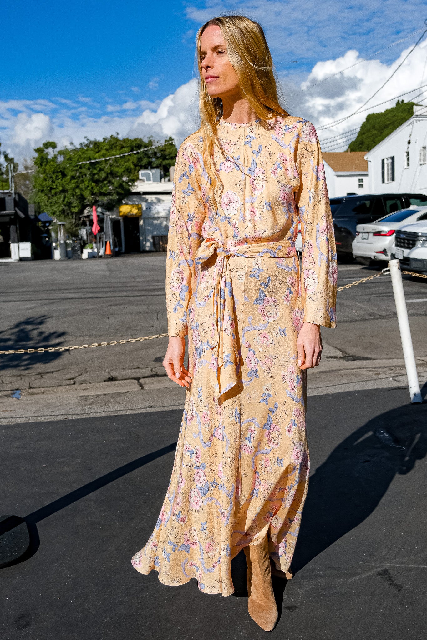 FORTE FORTE | PEONIA MY LOVE JACQUARD DRESS | Long sleeve maxi dress | Waist tie sash | Round neckline | Side slits on skirt | Flowy, yet slim fit | Charlotte, NC