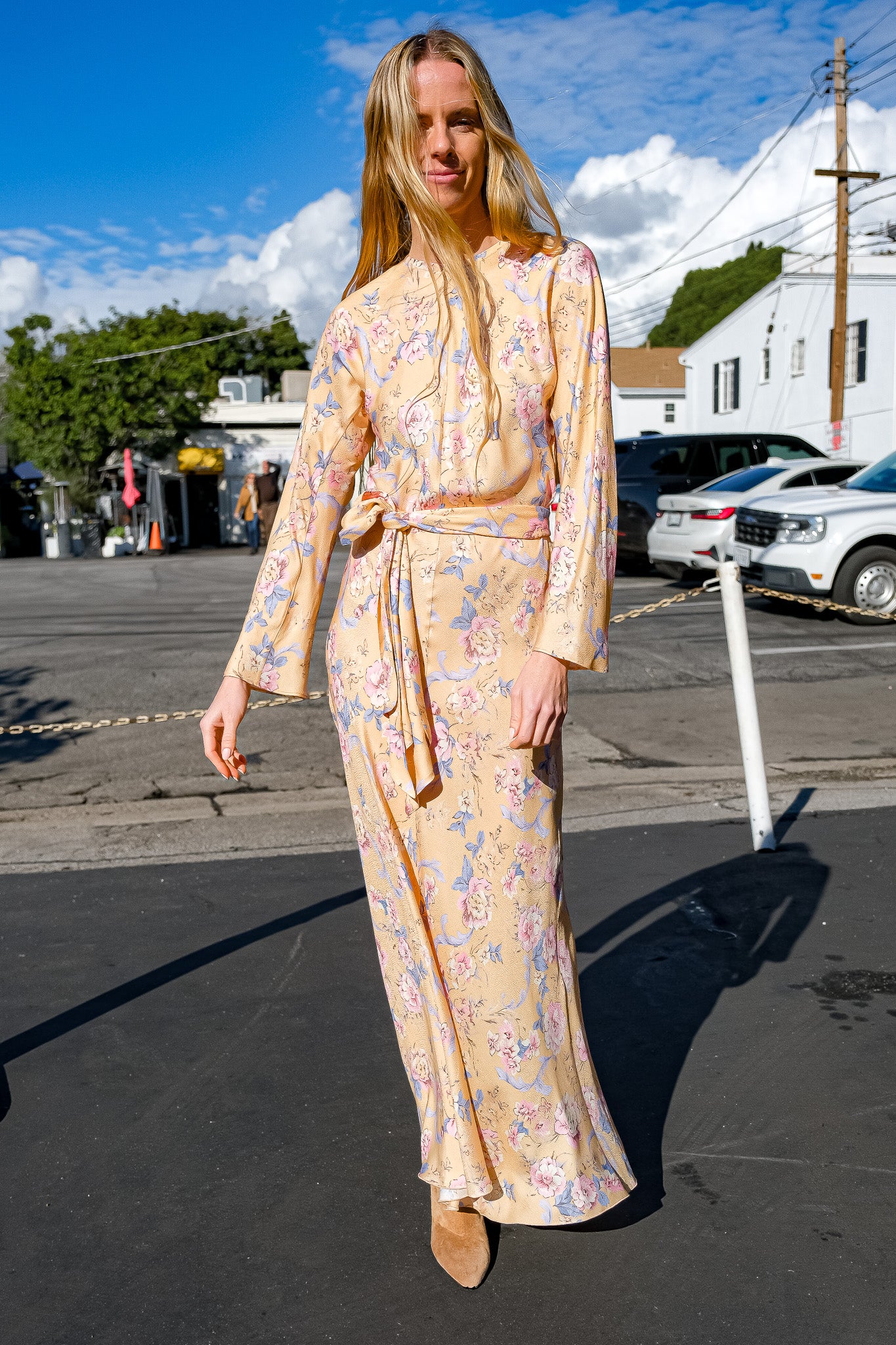 FORTE FORTE | PEONIA MY LOVE JACQUARD DRESS | Long sleeve maxi dress | Waist tie sash | Round neckline | Side slits on skirt | Flowy, yet slim fit | Charlotte, NC