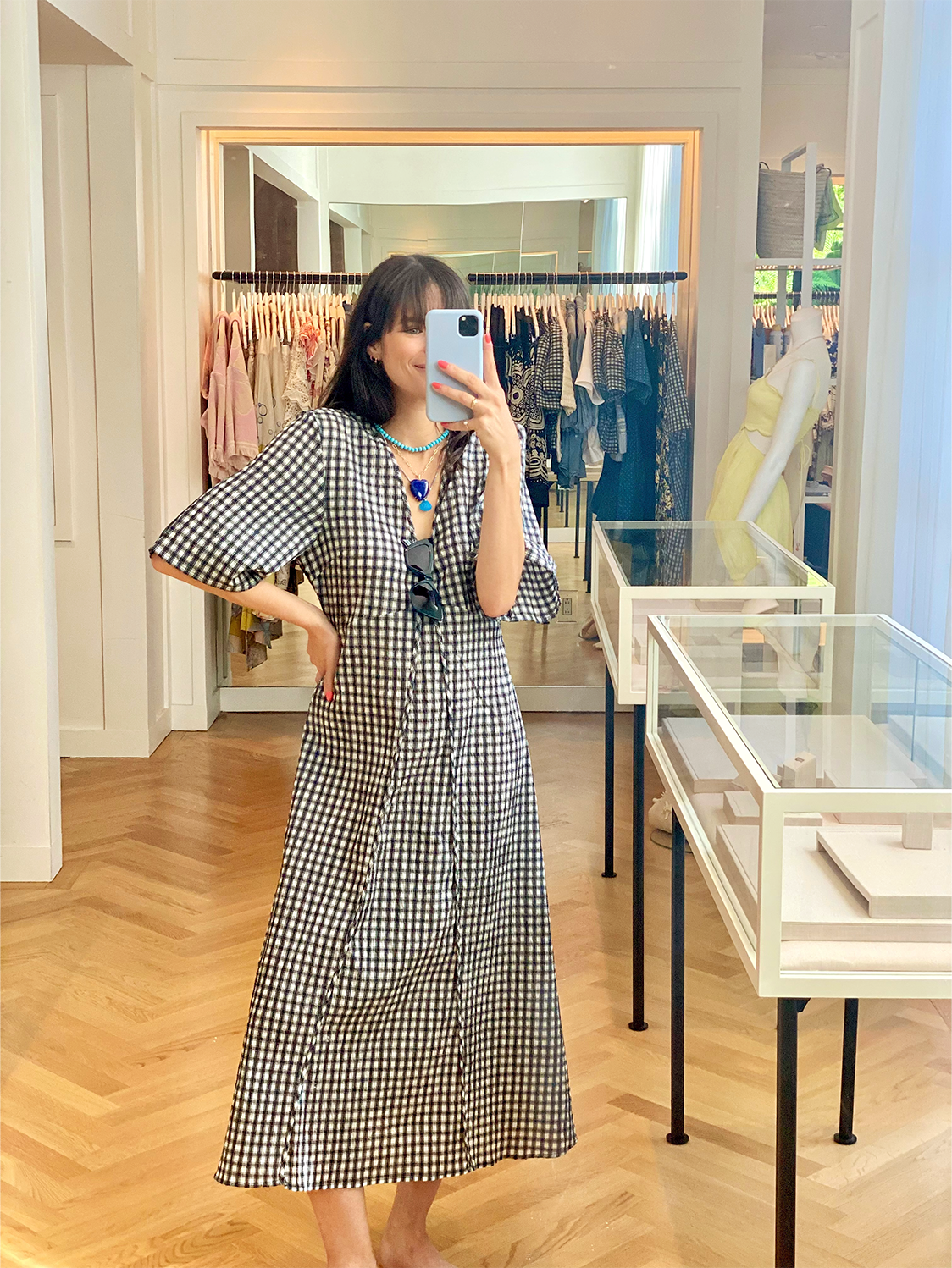 GANNI | SEERSUCKER CHECK LONG DRESS