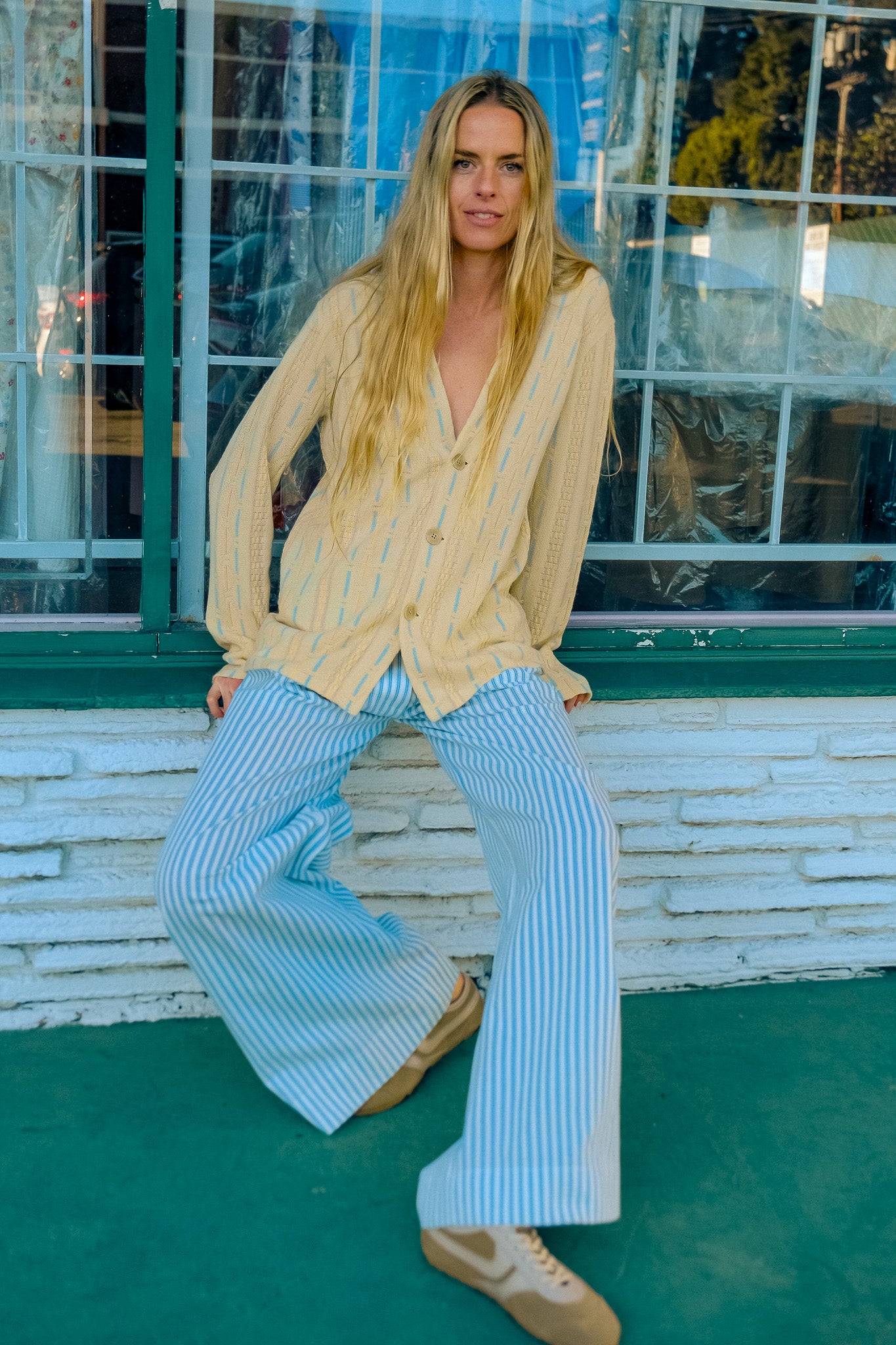 GUEST IN RESIDENCE | BAJA EVERYWEAR CARDIGAN |Mist Combo Striped cardigan | Yellow | Unisex | Multi-color textured jacquard stripe | 3-button front closure | Shawl style collar | Composition: 100% cashmere | Care: Hand wash in cold water, lay flat to dry | Made in China, cashmere from inner Mongolia | Available in Charlotte, NC