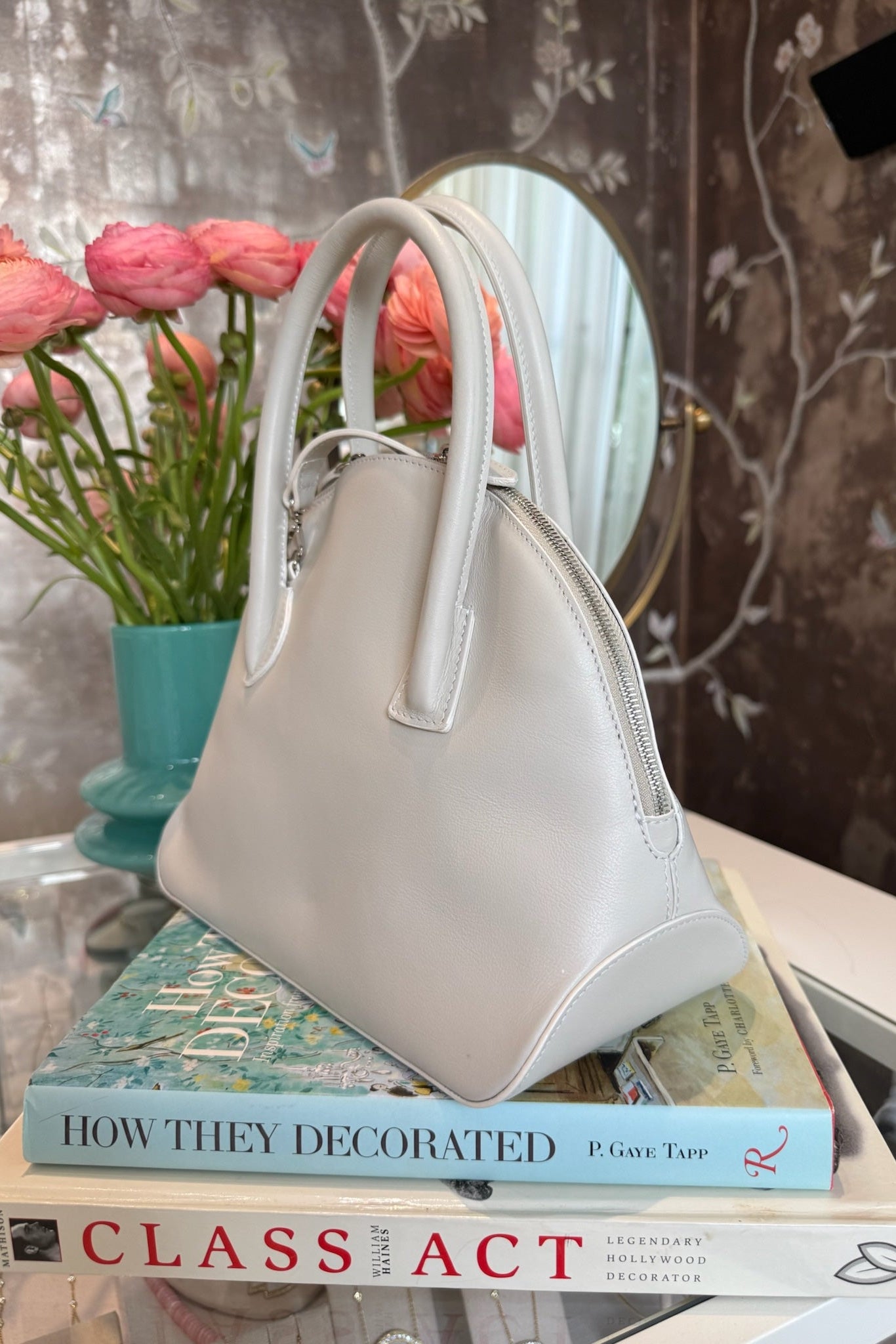 Lifner Vintage Dome Satchel Leather Handbag in white. Charlotte. NC