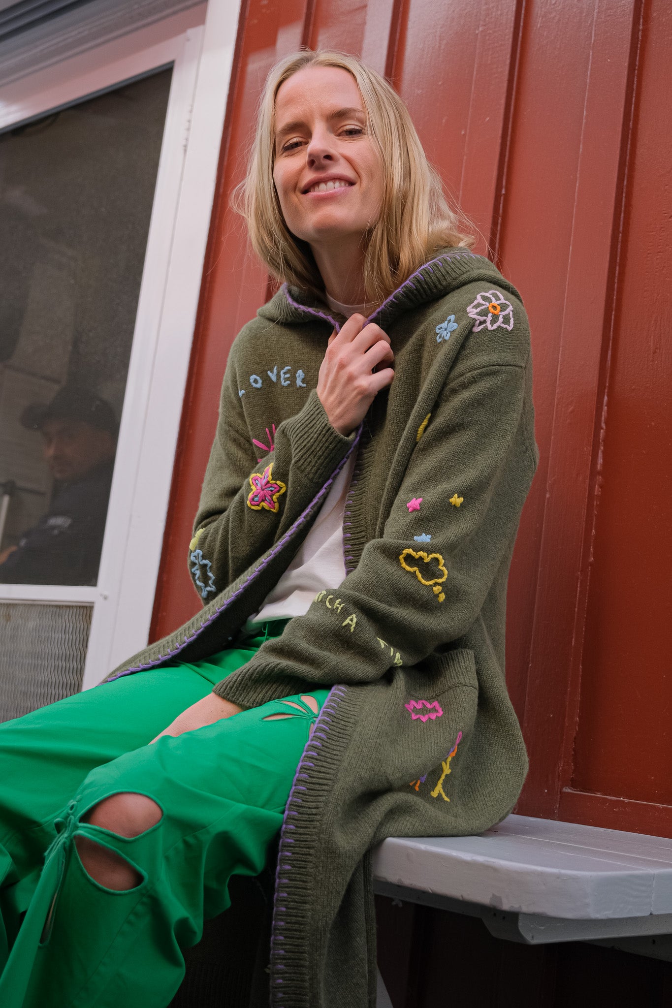 MIRA MIKATI | EMBROIDERED CUT OUT POPLIN TROUSER | Green dragonfly motif trousers | Straight-leg silhouette | Elasticated waist with drawstring | Mid rise | Composition: 100% Cotton | Dry Clean Only | Available in Charlotte, NC