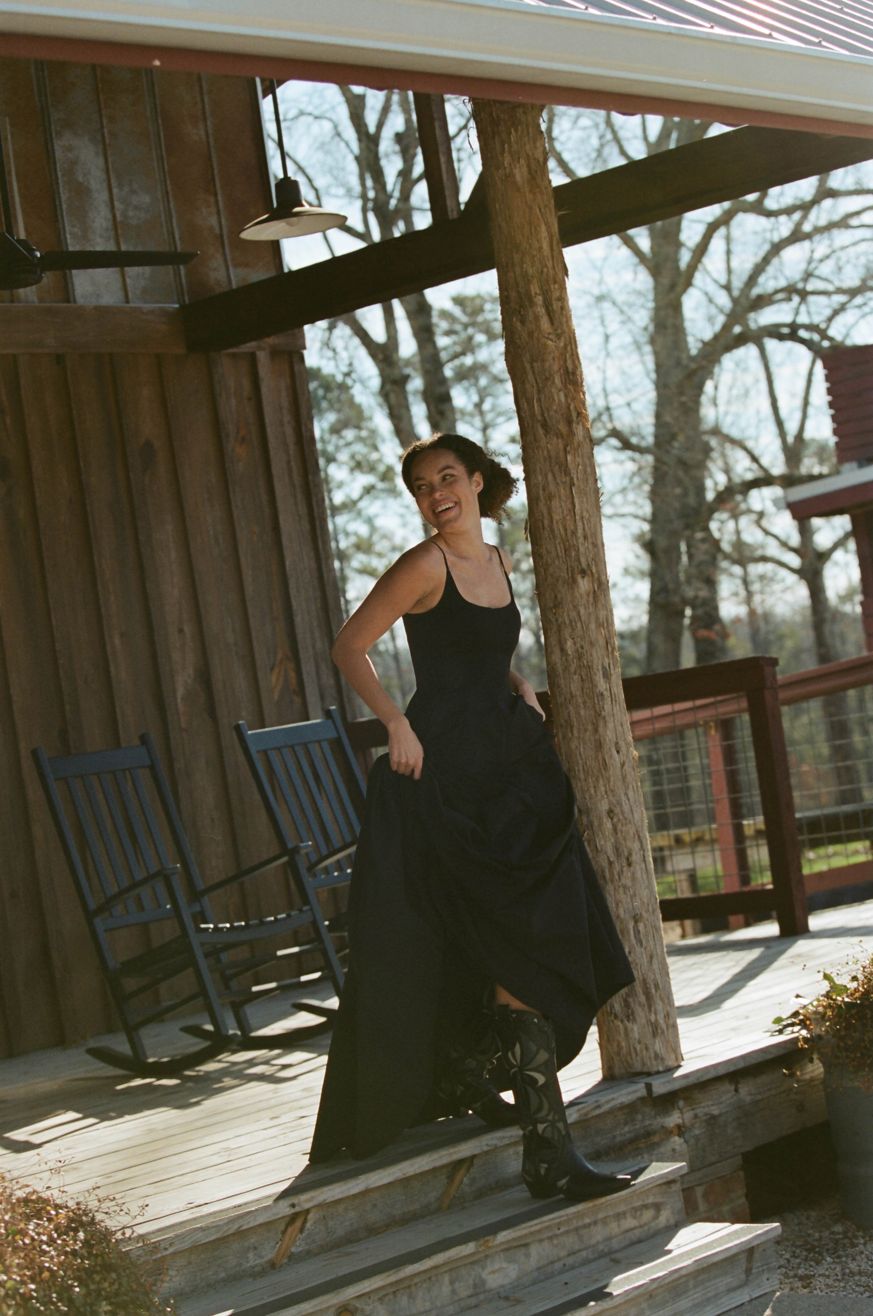 Staud Black Joy Maxi Dress with full skirt and thin shoulder straps. Charlotte, NC