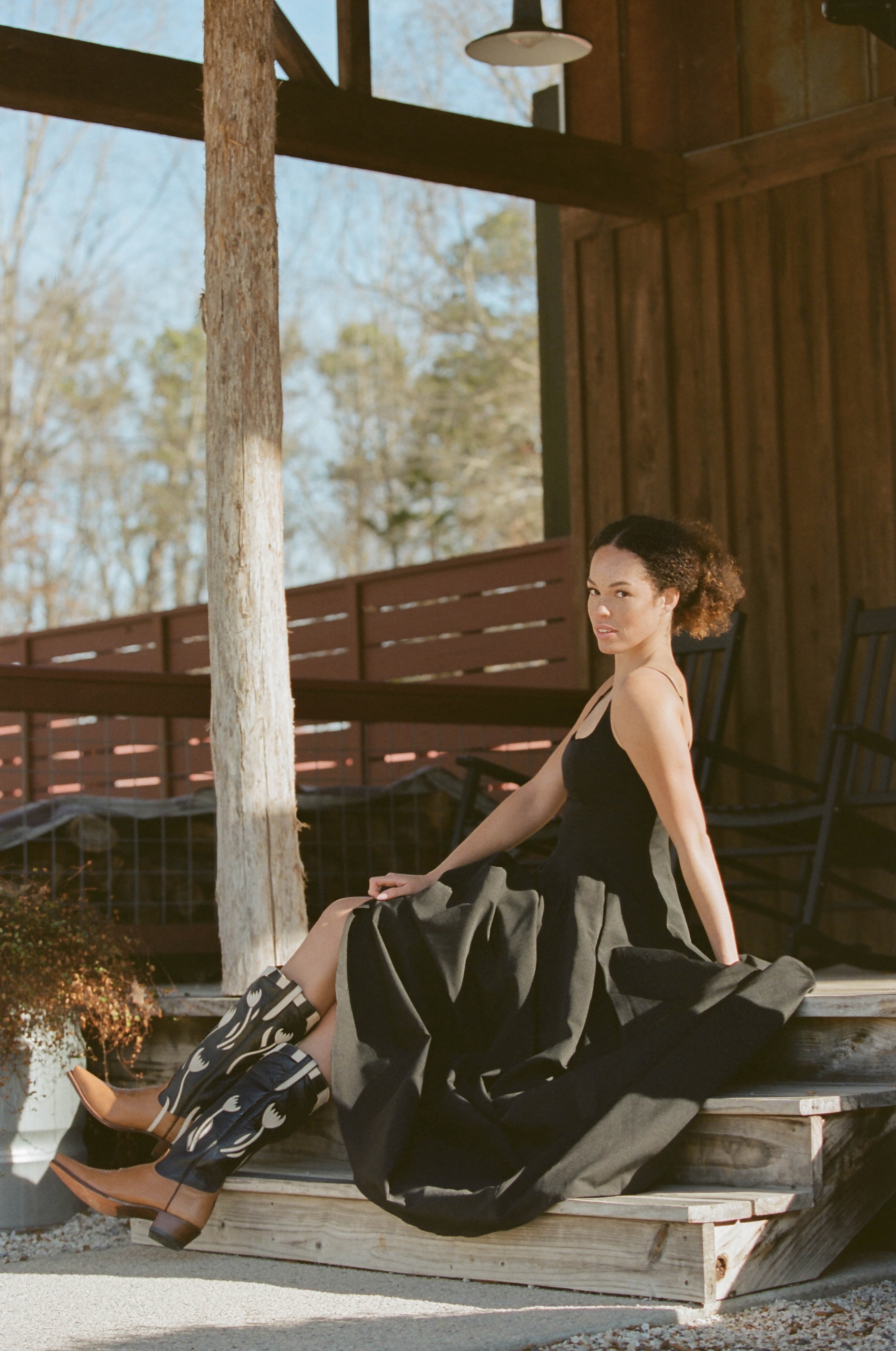 Staud Black Joy Maxi Dress with full skirt and thin shoulder straps. Charlotte, NC